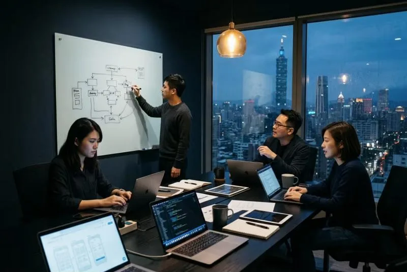 團隊在白板前討論網站架構