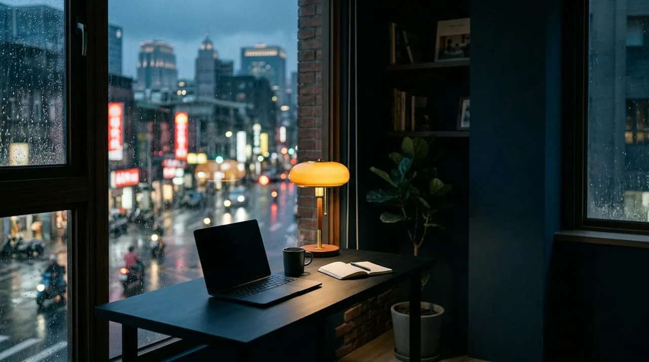 雨天傍晚從辦公室窗戶看出去的街景